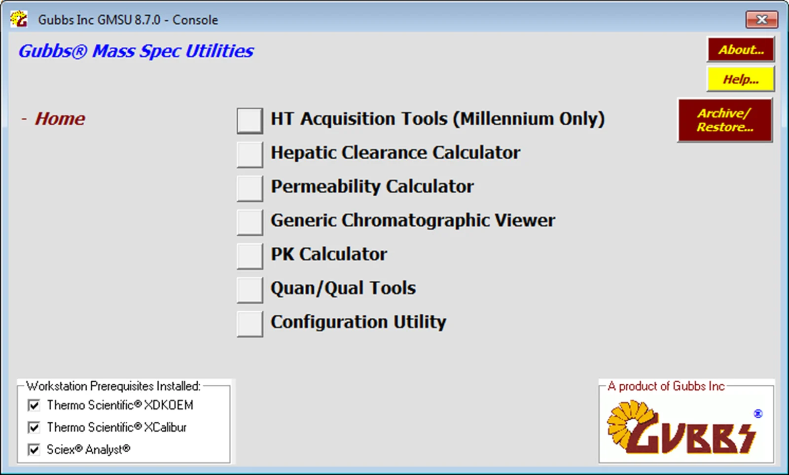 GMSU Console showing available mass spectrometry utilities